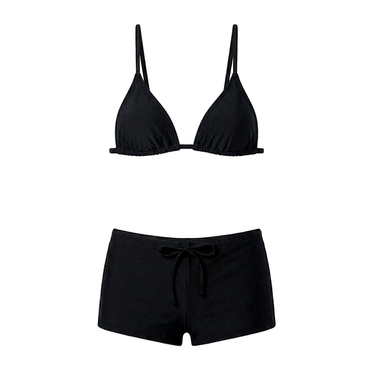 Cruz black bikini set with adjustable triangle bikini top and low-rise bikini shorts by Calacova.