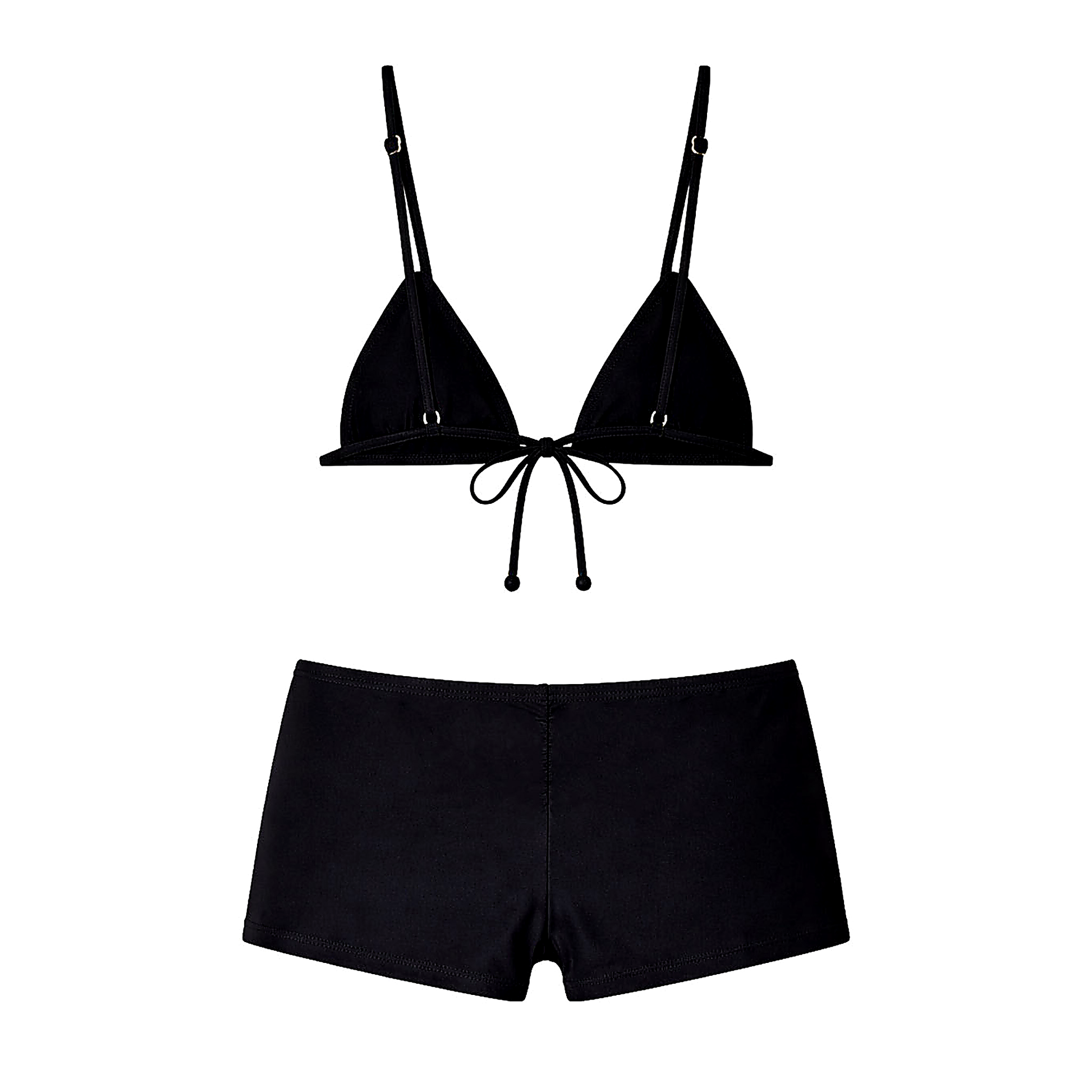 Cruz black bikini set by Calacova with triangle bikini top and swim shorts.