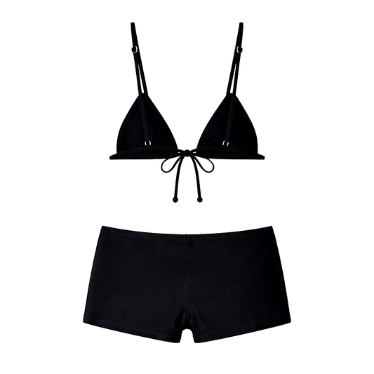 Cruz black bikini set by Calacova with triangle bikini top and swim shorts.