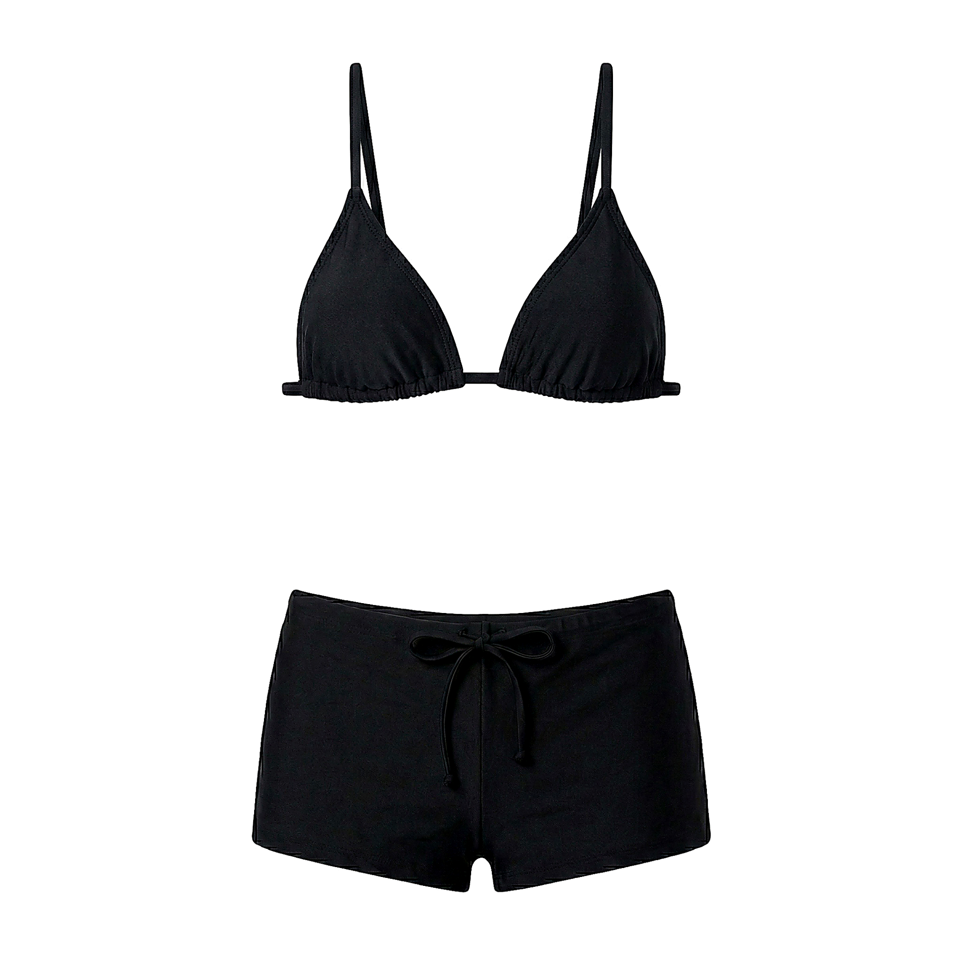 Cruz black bikini set with adjustable triangle bikini top and low-rise bikini shorts by Calacova.