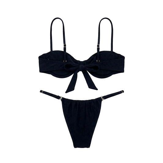 Lexi black bikini set by Calacova, back view with bow-tie balconette top and adjustable high-cut bottoms.