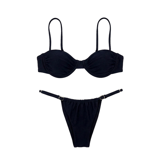 Lexi black bikini set by Calacova with balconette top and adjustable high-cut bottoms.