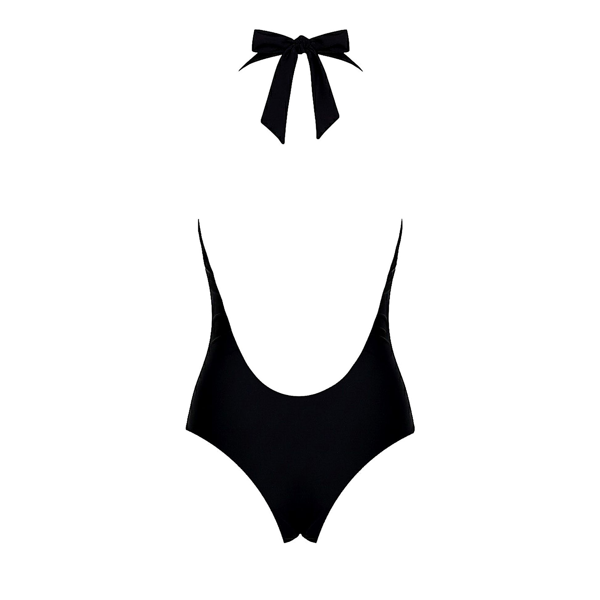 Ryder black halter one-piece swimsuit by Calacova, back view with tie-neck halter.