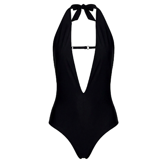 Ryder black halter one-piece swimsuit by Calacova with plunging neckline.
