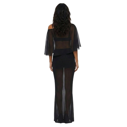 Black sheer outfit on a white background